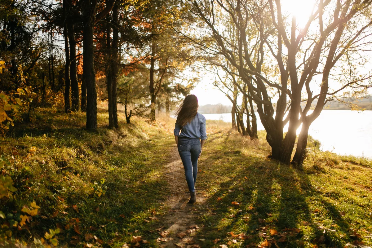 Person enjoys peaceful autumn walk in sunlight-dappled forest path for anxiety relief.