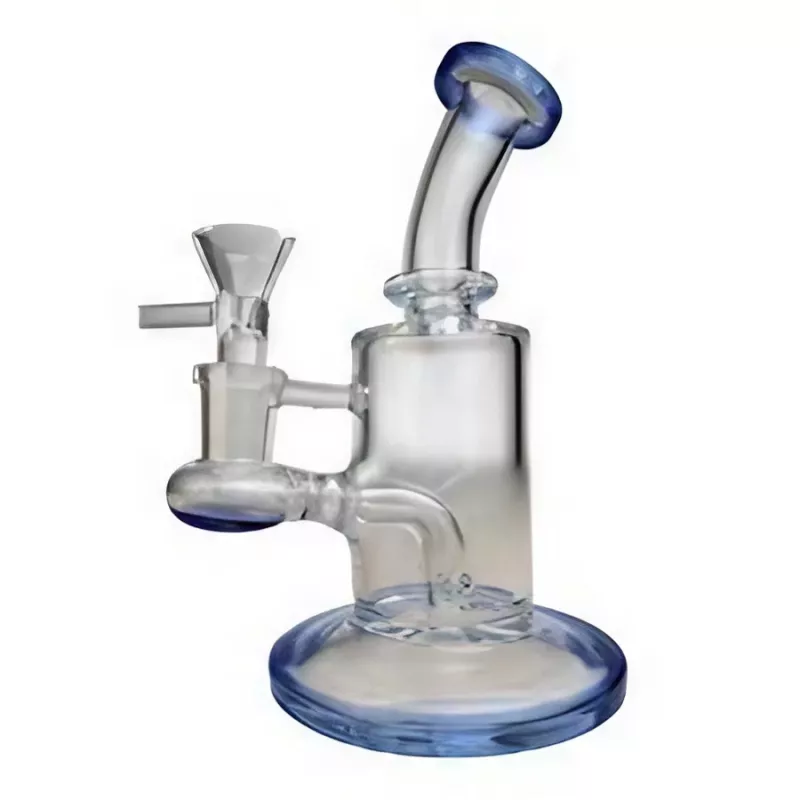 Blue glass bong with percolator for smooth smoking experience.