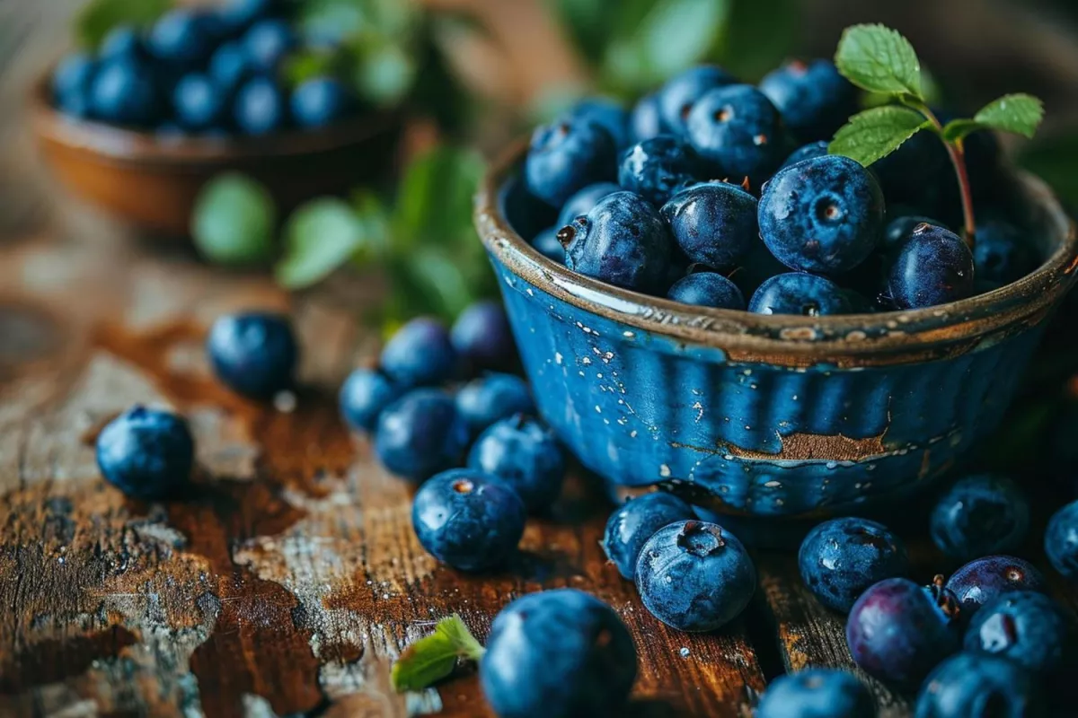 Fresh blueberries in a handmade bowl on a rustic wooden backdrop.