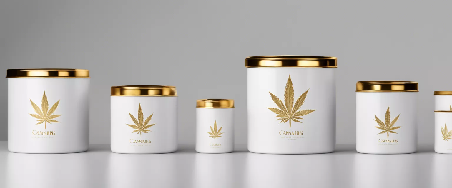 Luxury cannabis containers with gold leaf branding in varying sizes.