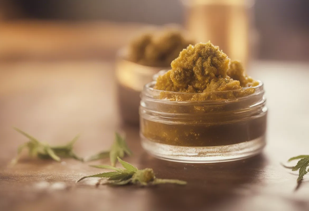 Close-up of organic cannabis wax concentrate in glass jars.