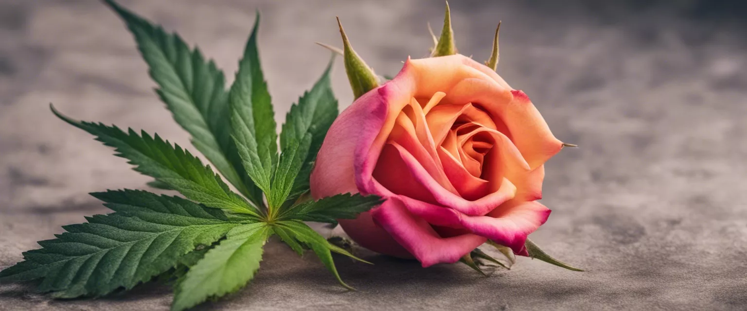 Cannabis leaf and rose bloom showcasing natures diverse beauty and scents.