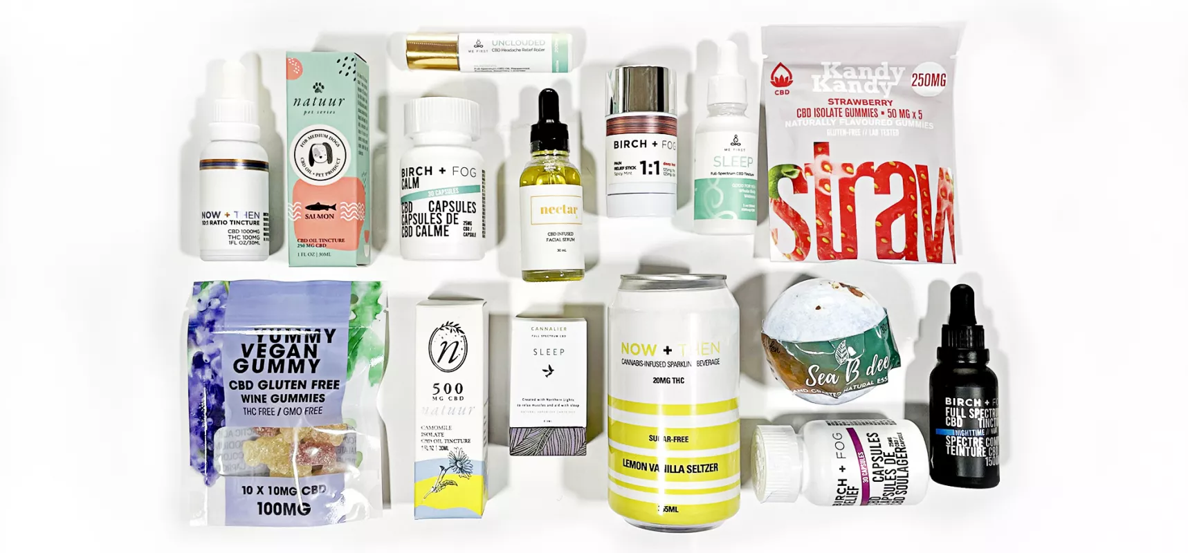 Diverse CBD products: oils, gummies, drinks, topicals - multiple brands display.