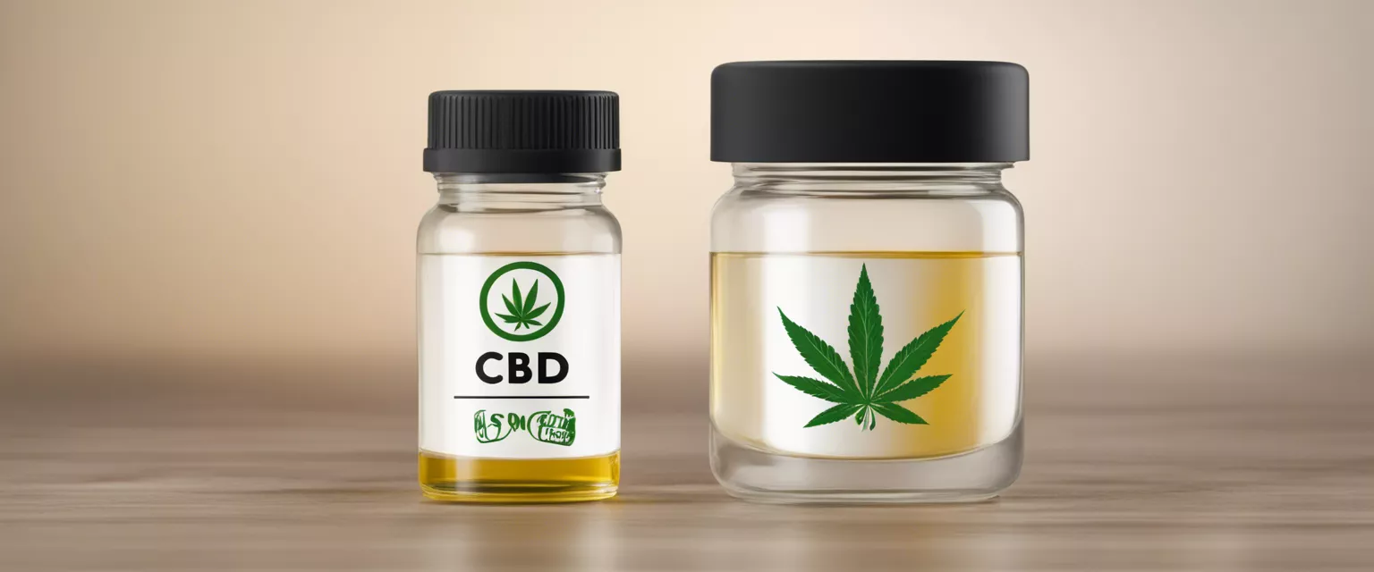 CBD oil bottles with hemp extract on wooden surface.