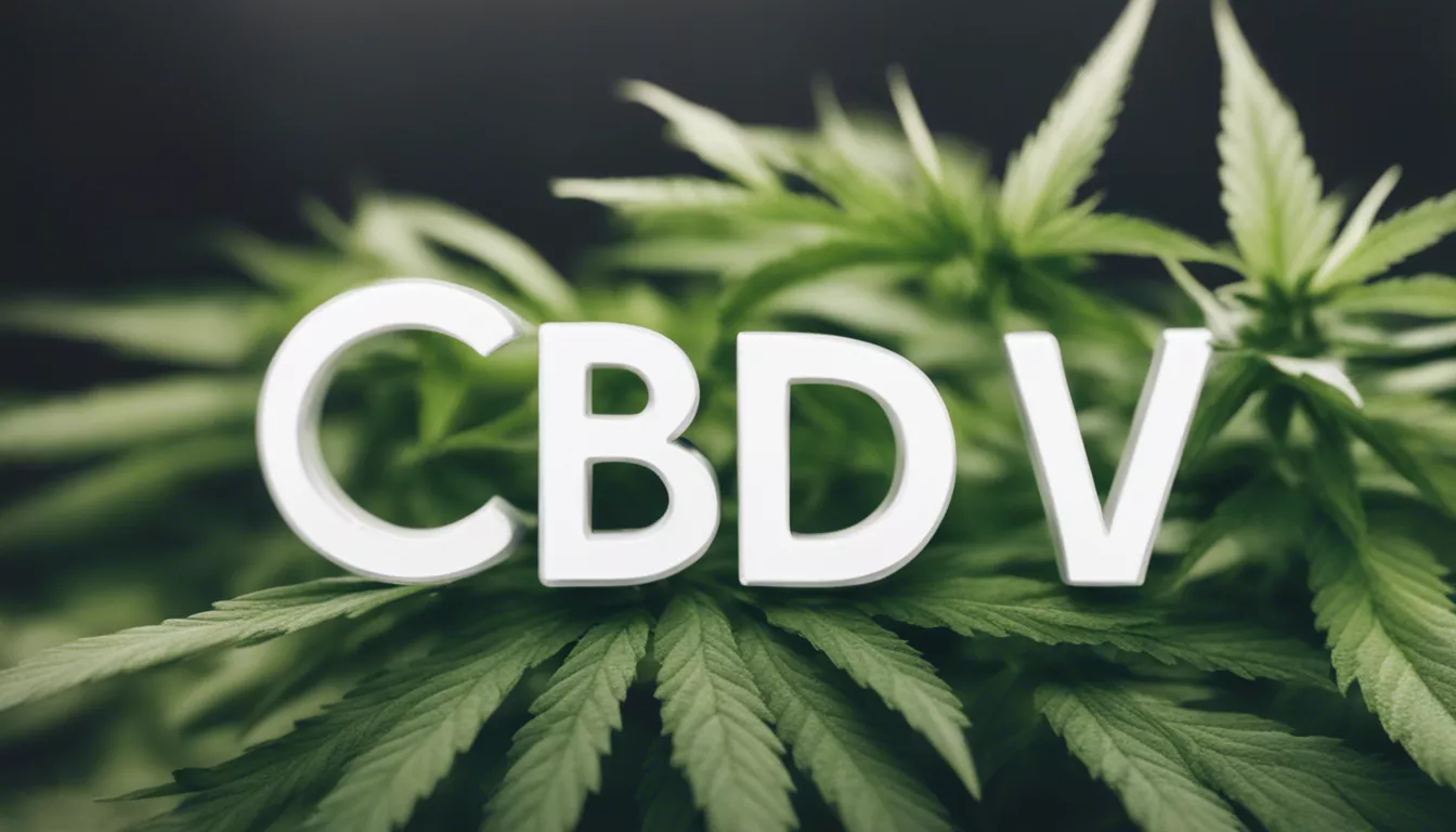 CBDV cannabinoid research highlighted by bold letters on lush cannabis leaves.