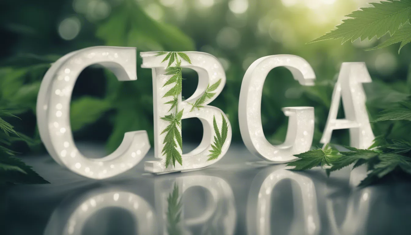 CBGA letters illuminated on cannabis leaves background, 3D rendering.