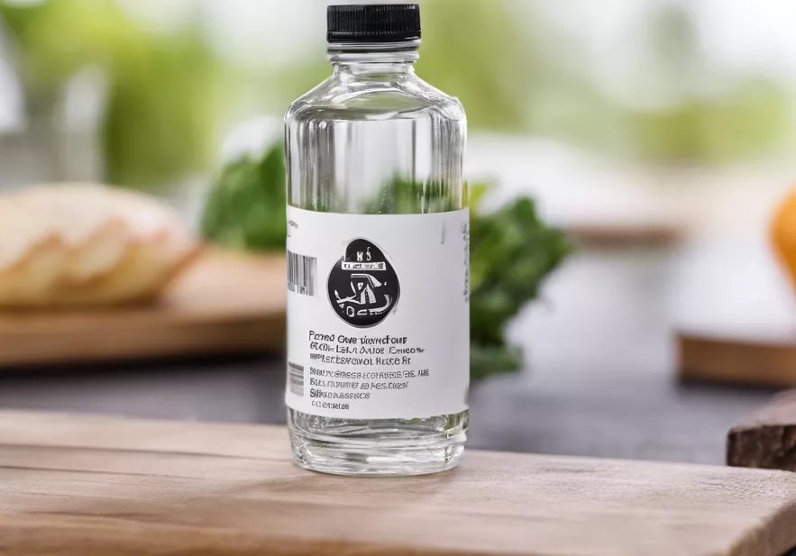 Premium Ethanol Hash Oil in labeled glass bottle, kitchen backdrop with herbs and bread.