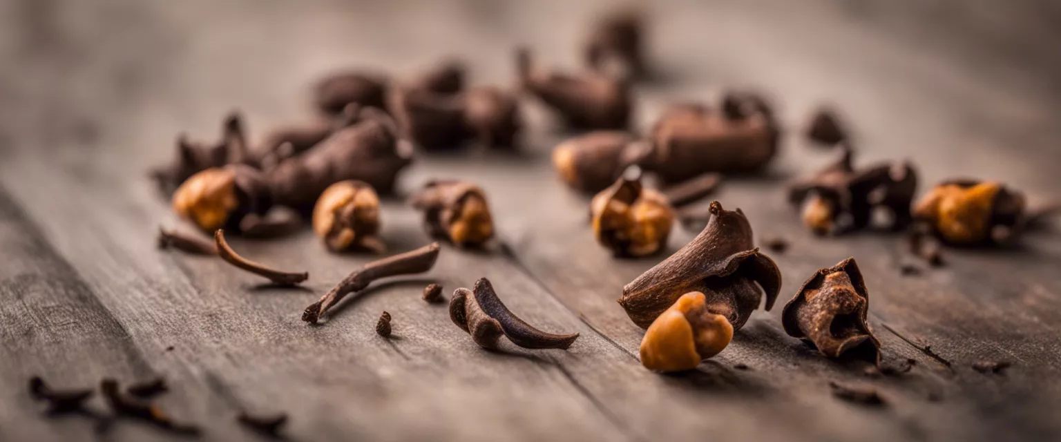 Close-up of dry cloves on a rustic wooden surface.
