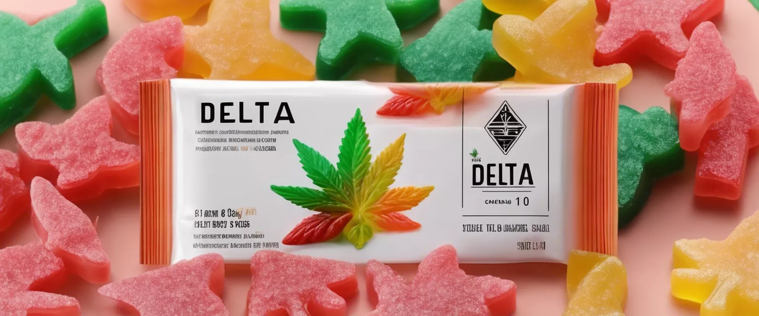 Pack of Delta 10 THC gummies in cannabis leaf shapes, assorted flavors.