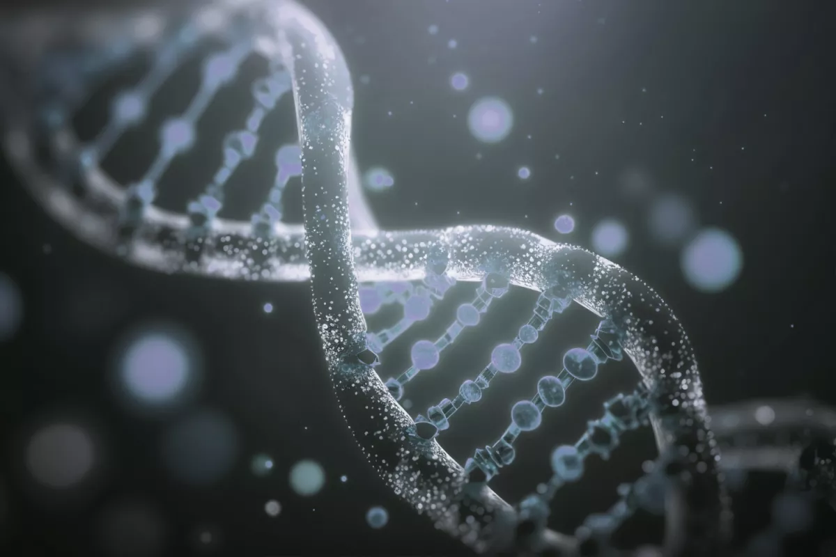 Glowing DNA helix illustration with abstract particles on a blue-gray background.