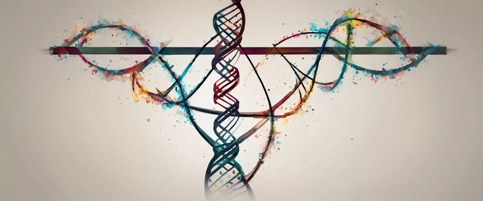 Colorful DNA helix with paint splatters representing scientific creativity and genetic diversity.