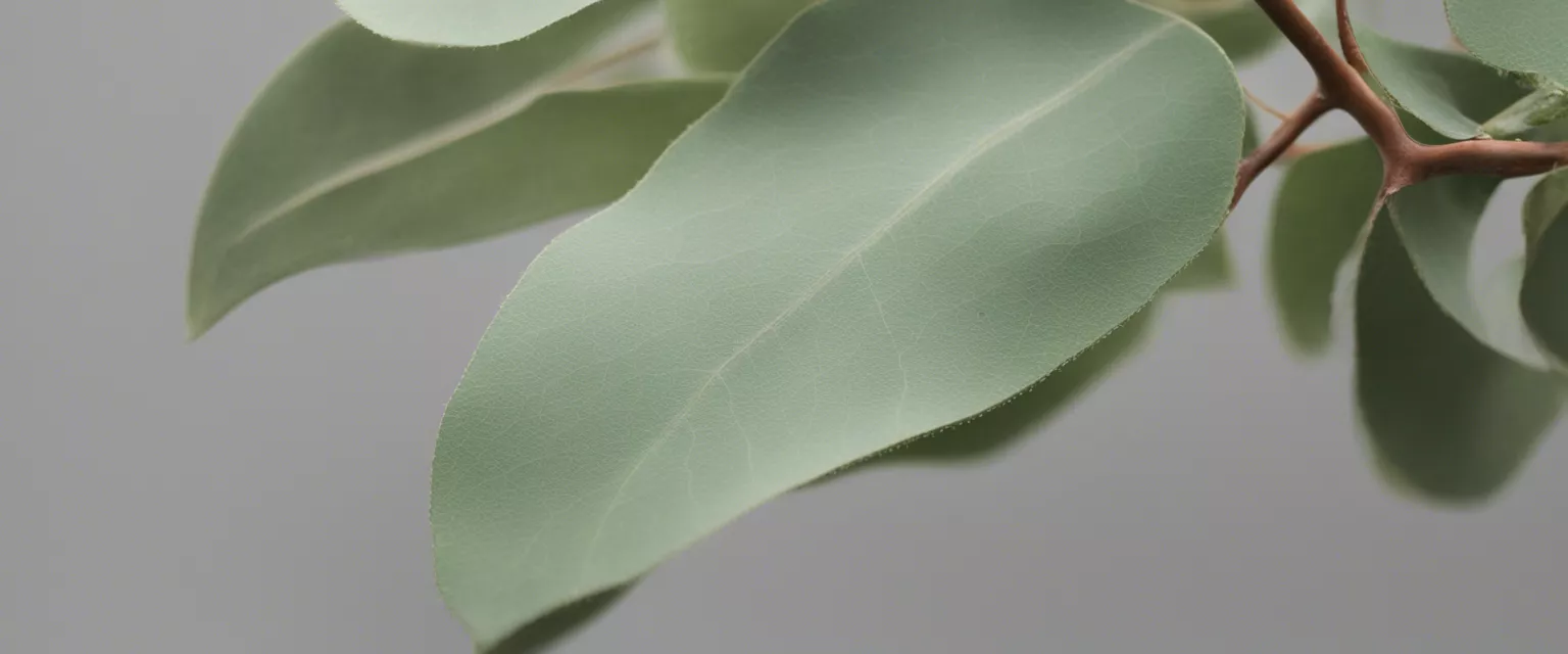 Close-up of a eucalyptus branch with green leaves against a grey background.