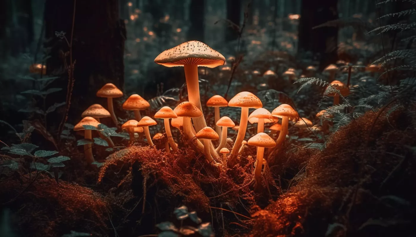 Vibrant orange mushrooms thrive in lush forest setting, evoking a mystical woodland charm.
