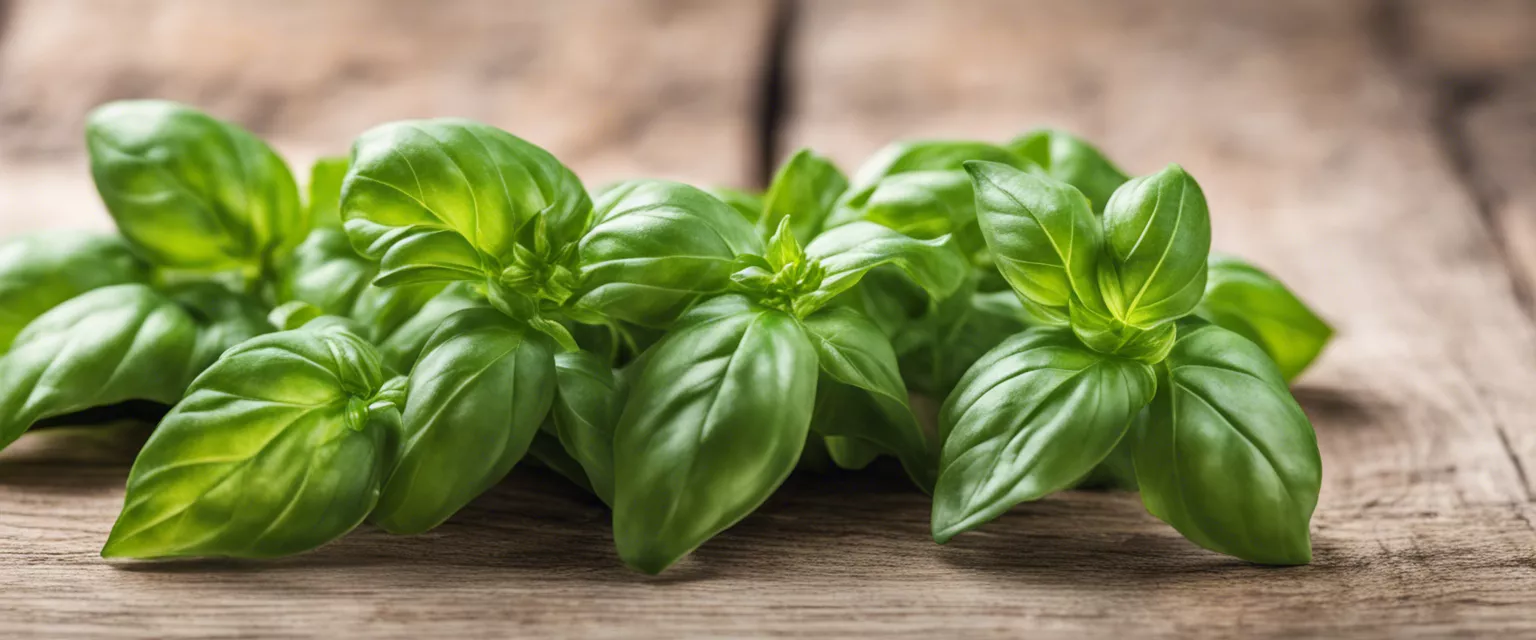Bright green fresh basil leaves on a rustic wooden background.