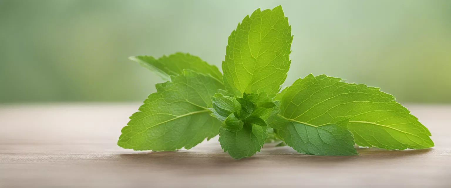Bright green mint leaves on polished wooden surface with blurred natural background.