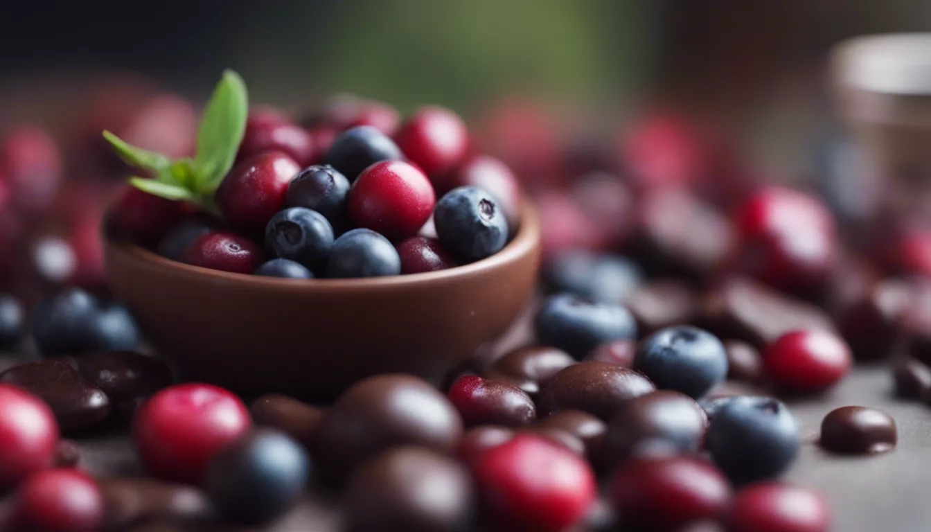 Assorted fresh blueberries and cranberries in a ceramic bowl.