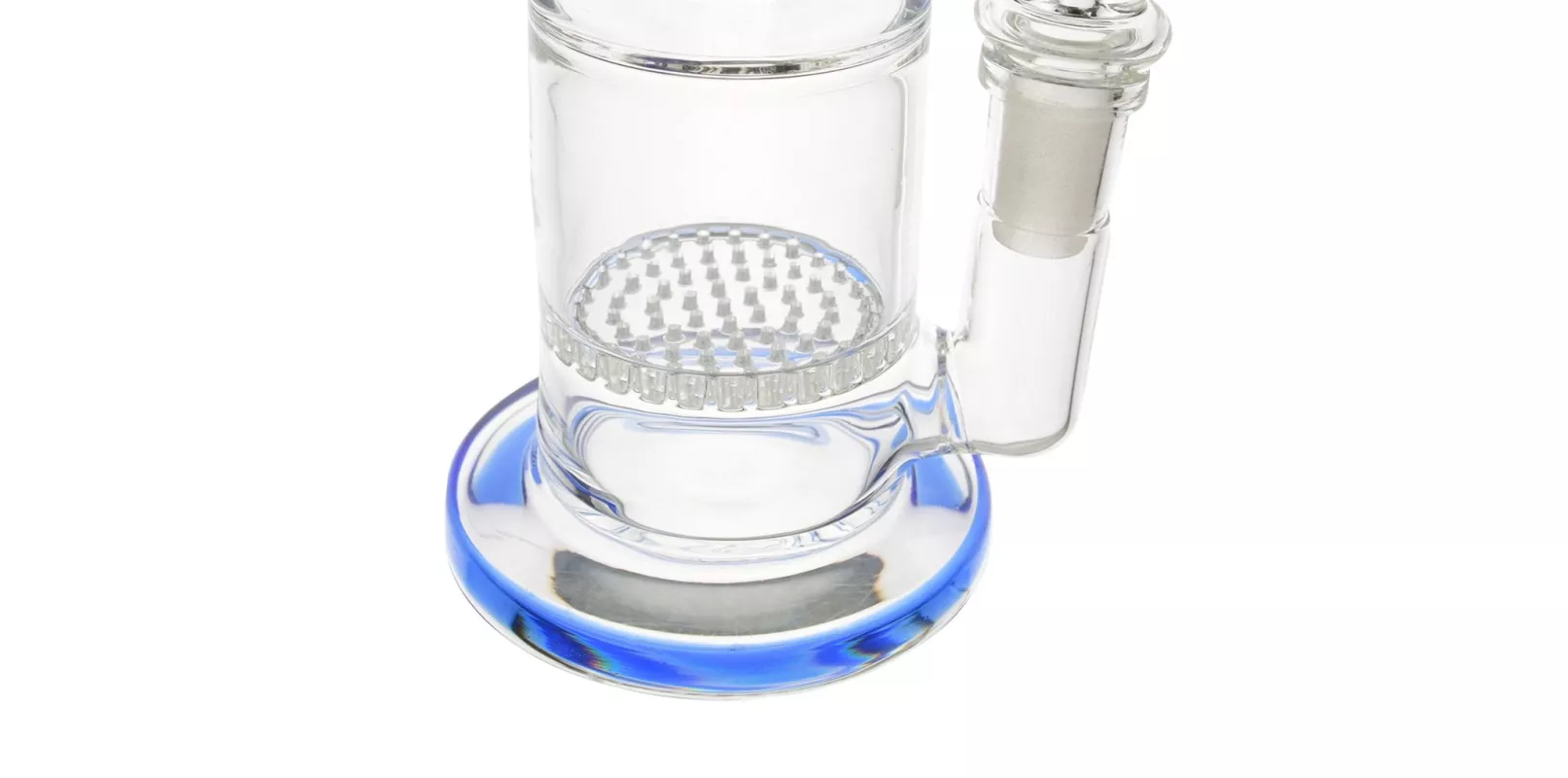 Glass laboratory apparatus with cylindrical shape and textured base.