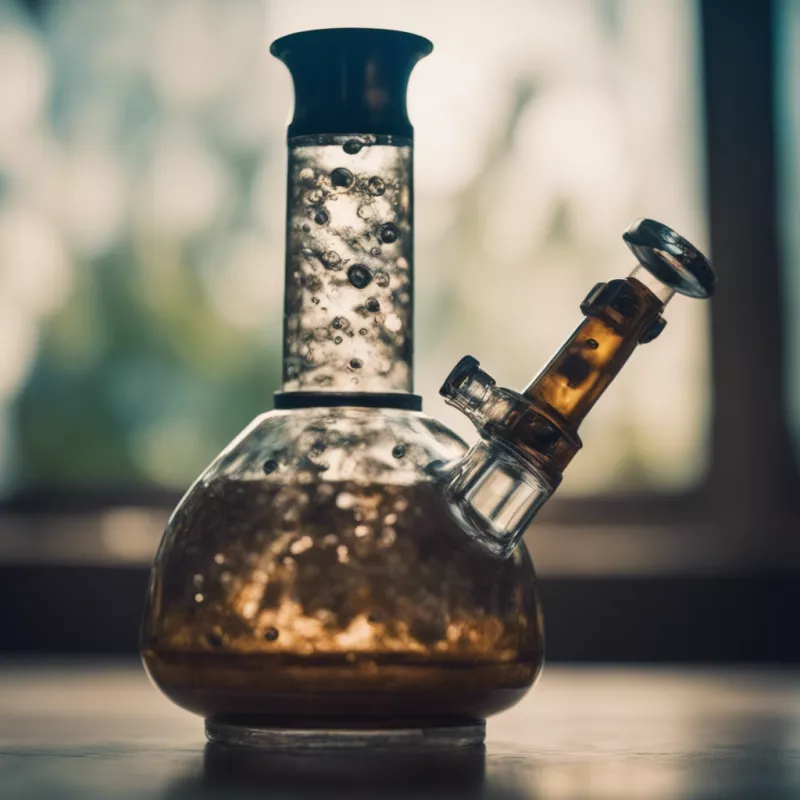 Close-up of a used glass bong with bubbles on a table.