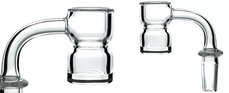 Two glass distillation splash guards with precise hourglass chambers for controlled fluid flow in labs.