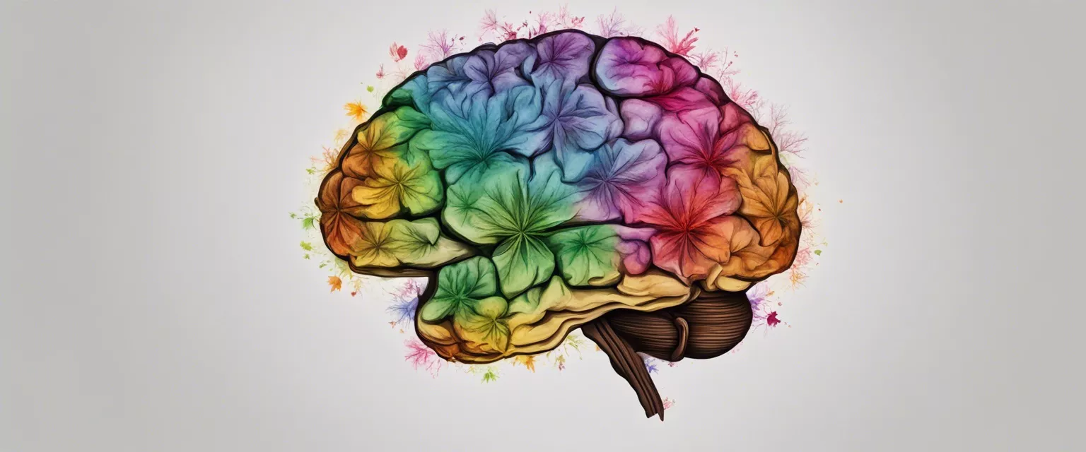 Artistic colorful brain illustration highlighting cognitive complexity and endocannabinoid system functions.