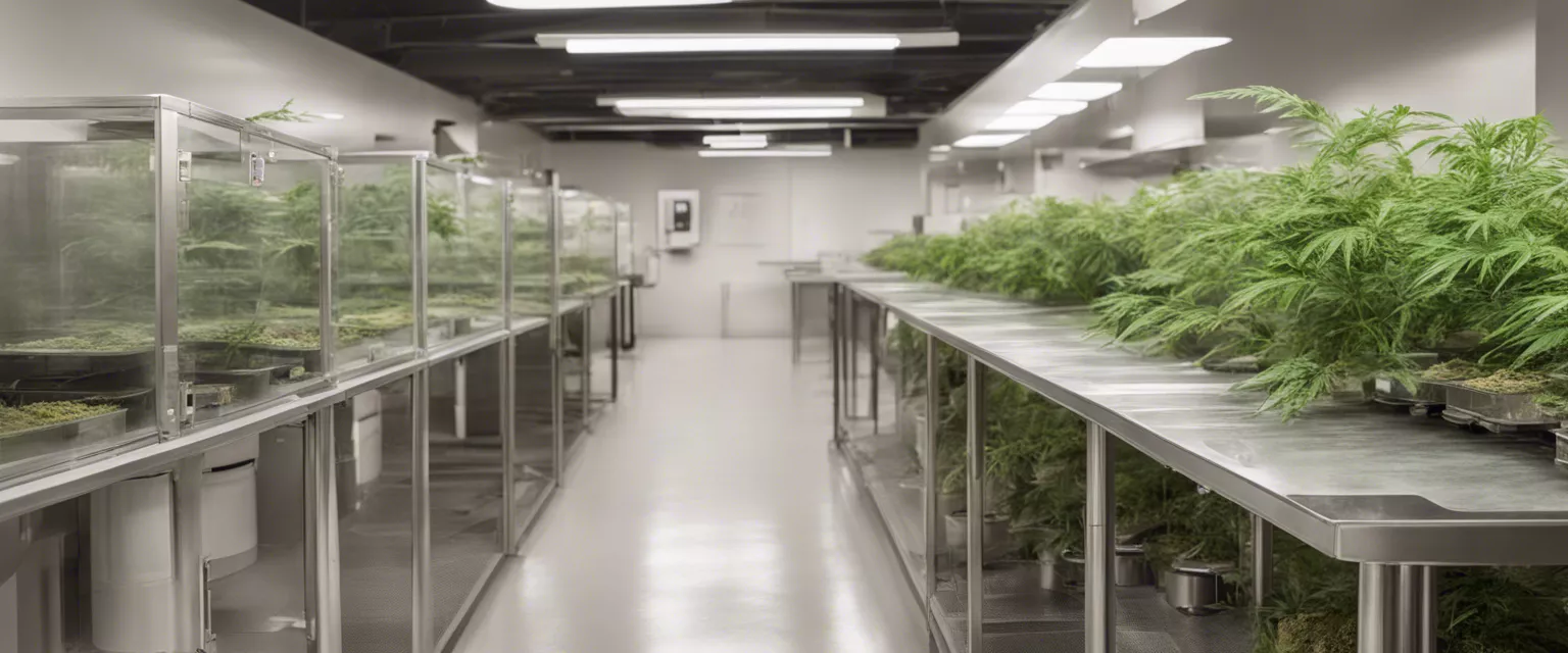 Indoor hydroponic cannabis grow room with controlled environment and modern equipment.
