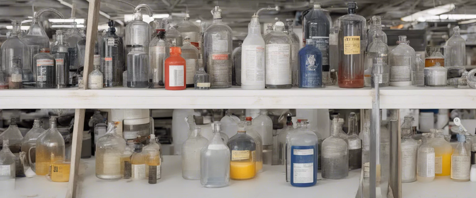 Assorted lab chemical bottles on industrial shelves for scientific research.