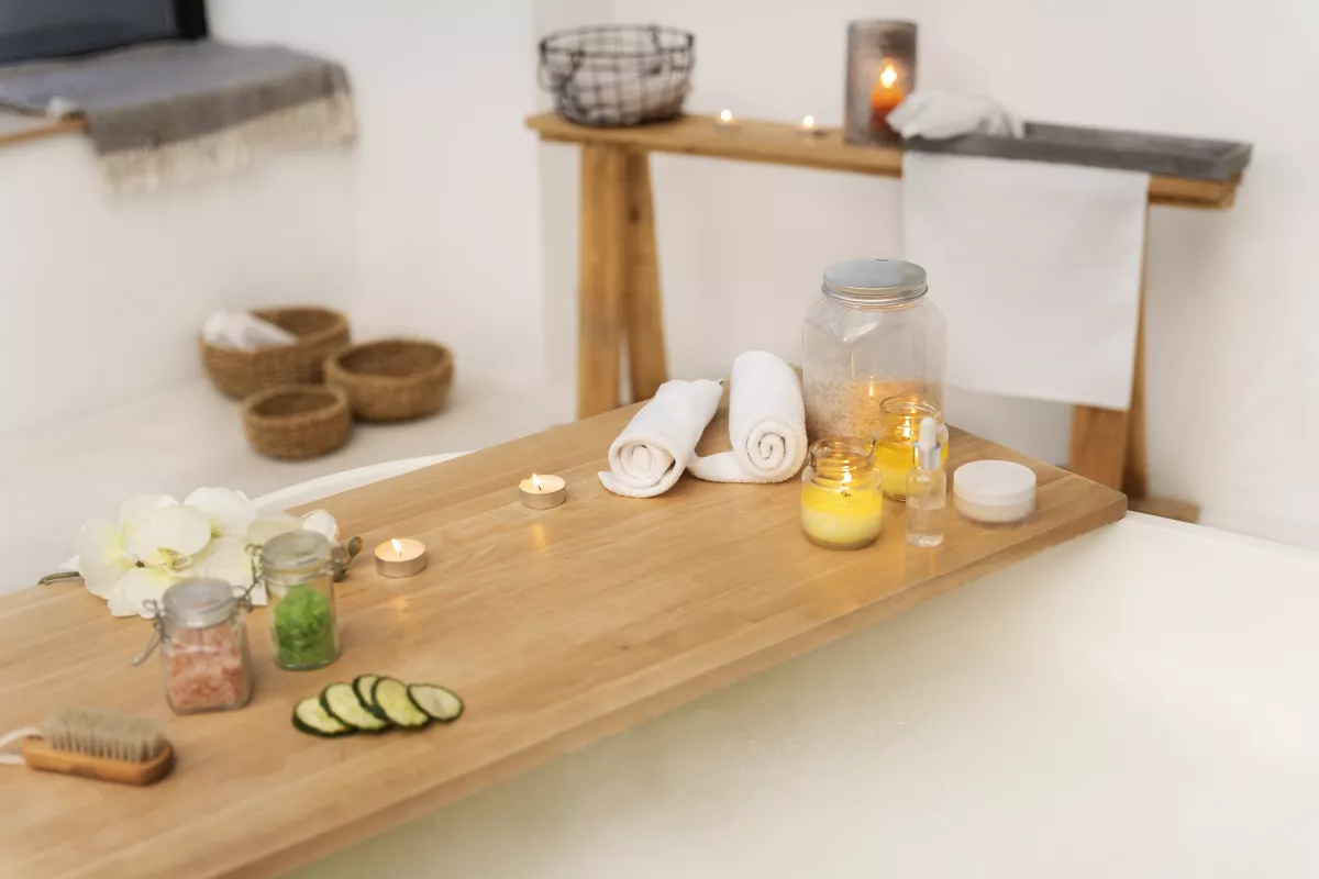 Luxury spa bath with towels, salts, brush, cucumber, and candles for relaxation.