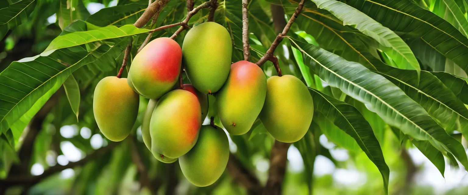 Cluster of ripening mangoes on tropical tree, showcasing color transition from green to yellow and red.