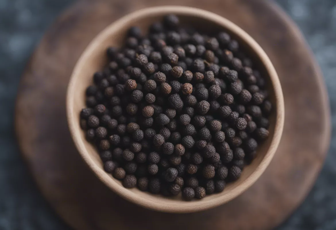 Close-up of black peppercorns in a wooden bowl on a rustic table.