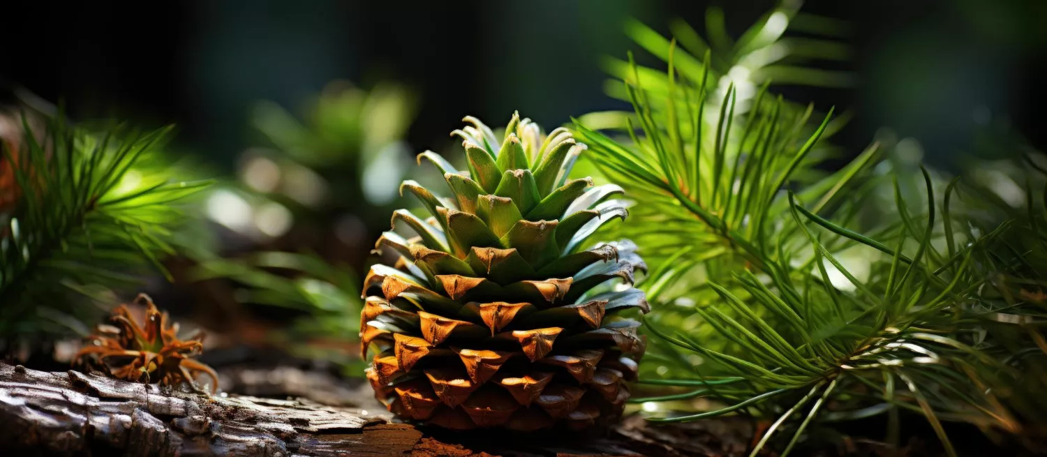 Pine cone on bark surrounded by green needles in coniferous forest.