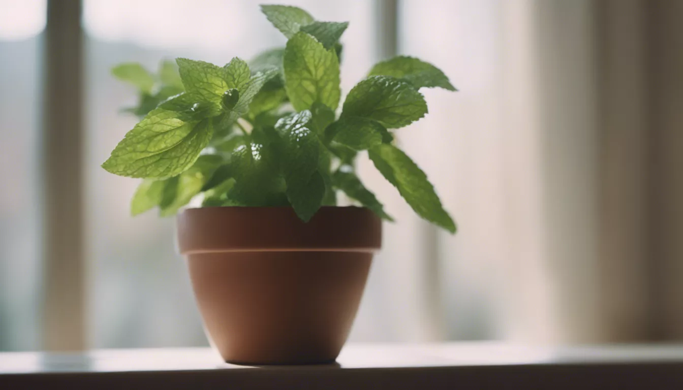 Thriving potted mint plant on a windowsill in a terracotta pot.