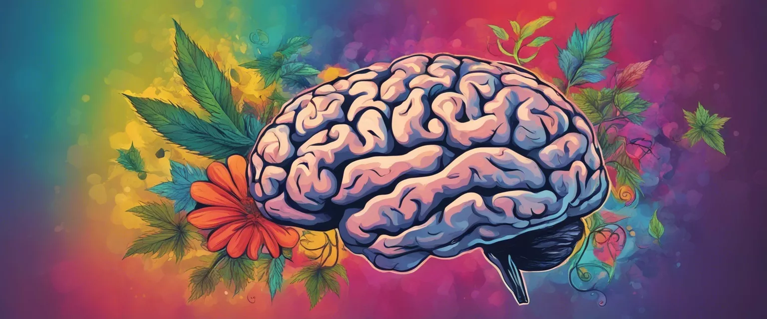 Psychedelic brain art with cannabis leaves symbolizing creativity and cognition.