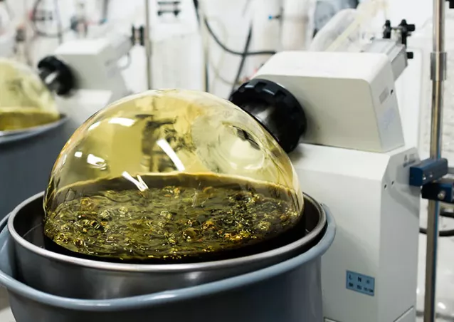 Rotary evaporator with yellow liquid in lab for efficient solvent removal and hydrocarbon extraction.