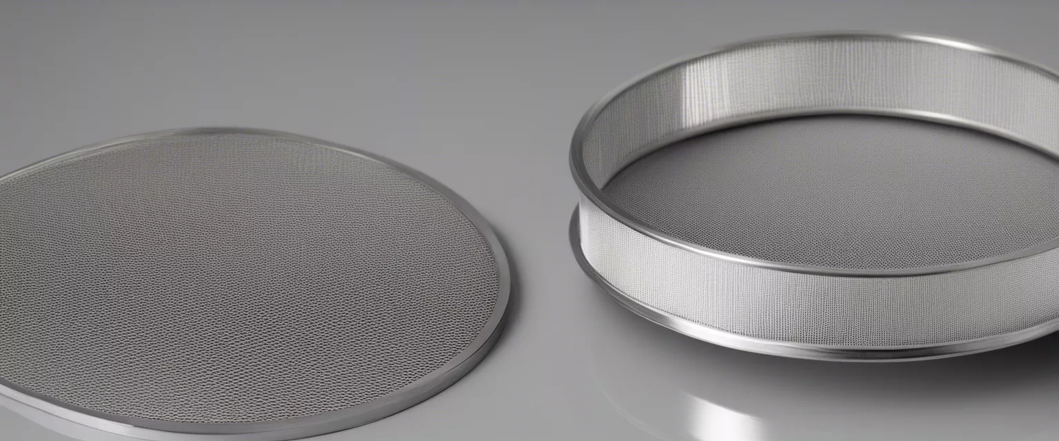 Set of two stainless steel mesh sieves for cooking and baking on gray background.