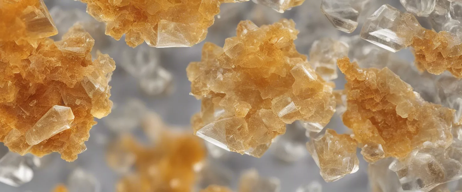Close-up view of amber and clear THC extract crystals with intricate details.