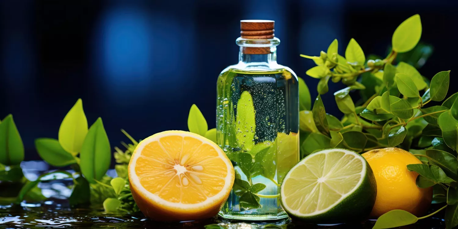 Valencene aromatic terpene in bottle amid fresh citrus fruits and greenery on blue background.