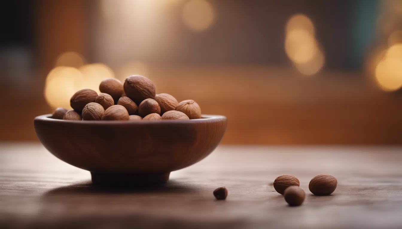 Almonds in wooden bowl with warm lighting and bokeh background.