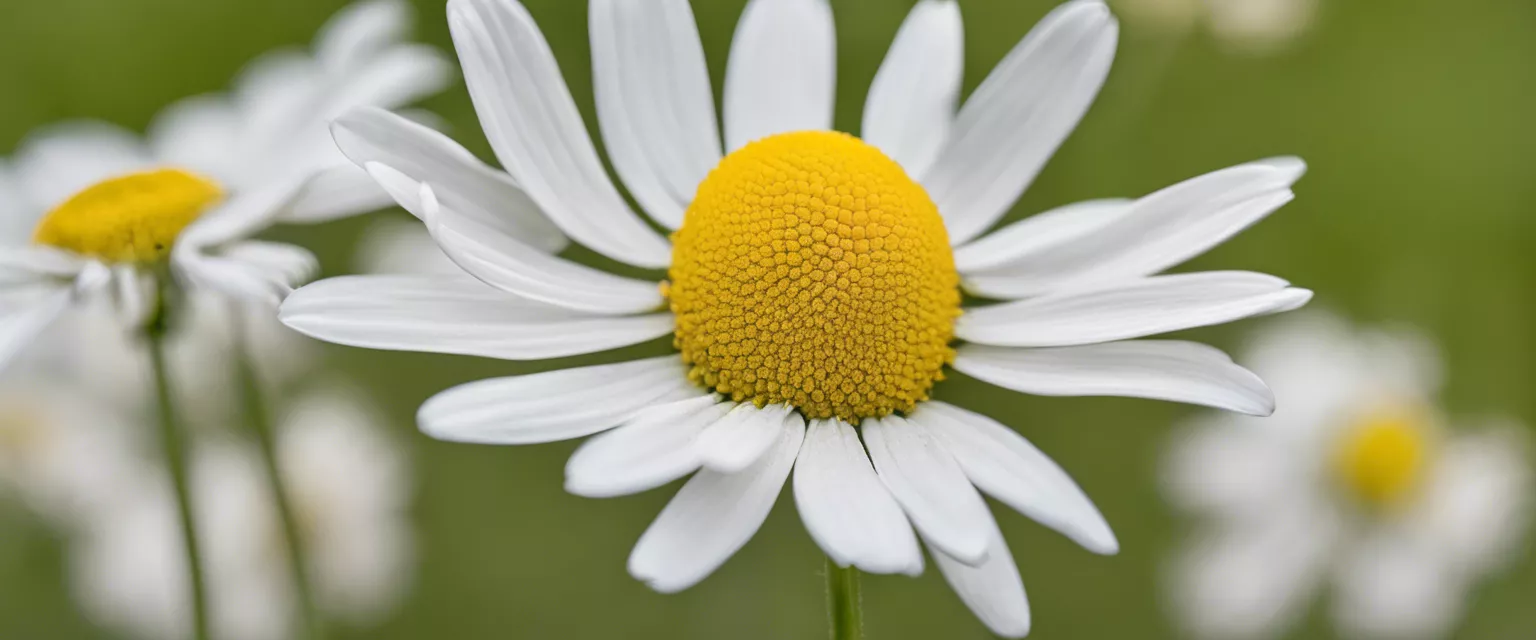 Close-up of a pristine white daisy with a bright yellow center against a green backdrop.