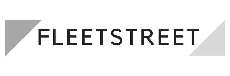 Modern minimalist design featuring bold FLEETSTREET text with geometric triangle elements.