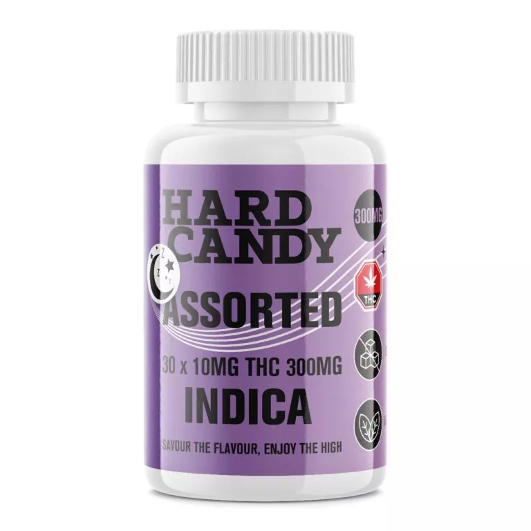 Hard Candy Assorted 300MG THC Indica white plastic bottle.