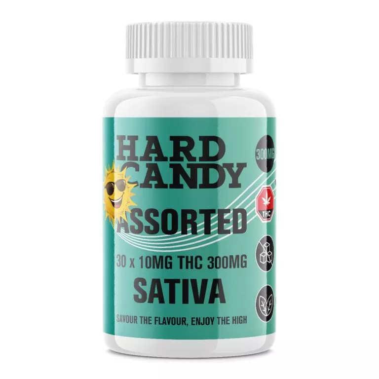 Hard Candy THC 300mg Sativa edibles, assorted flavors, with playful sun illustration.