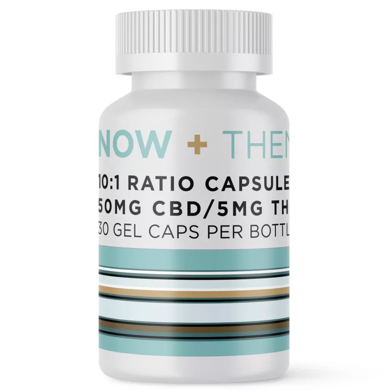 CBD and THC gel capsules by NOW + THEN bottle.