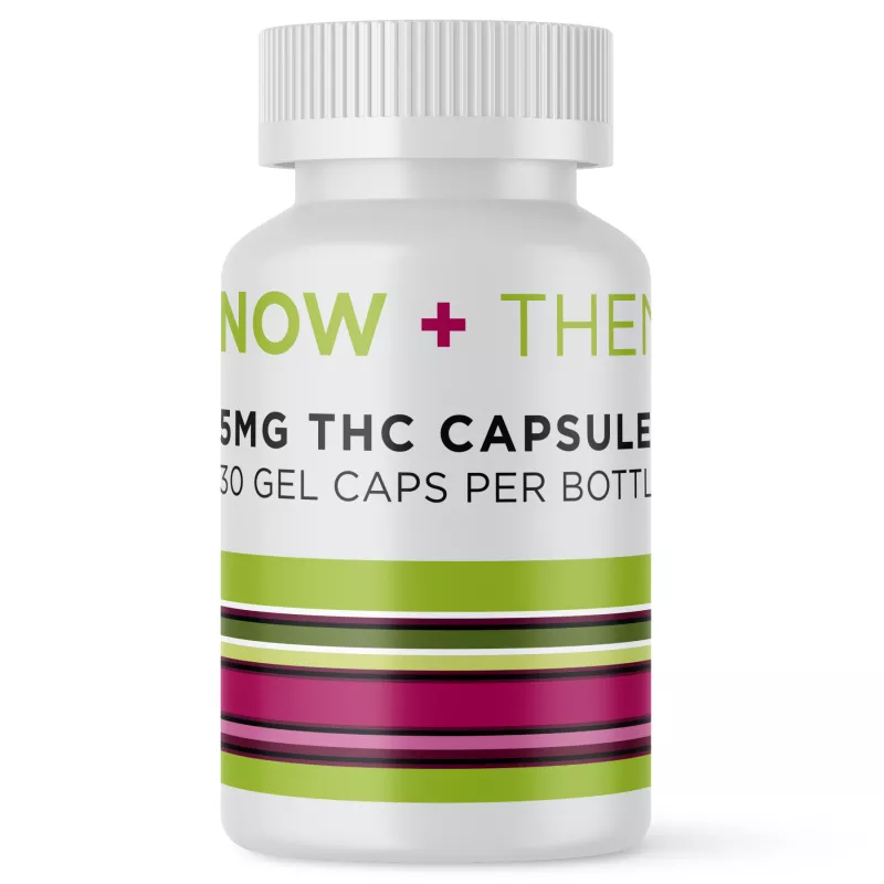 Capsules bottle with 5mg THC, NOW + THEN branding, 30 gel caps per bottle.