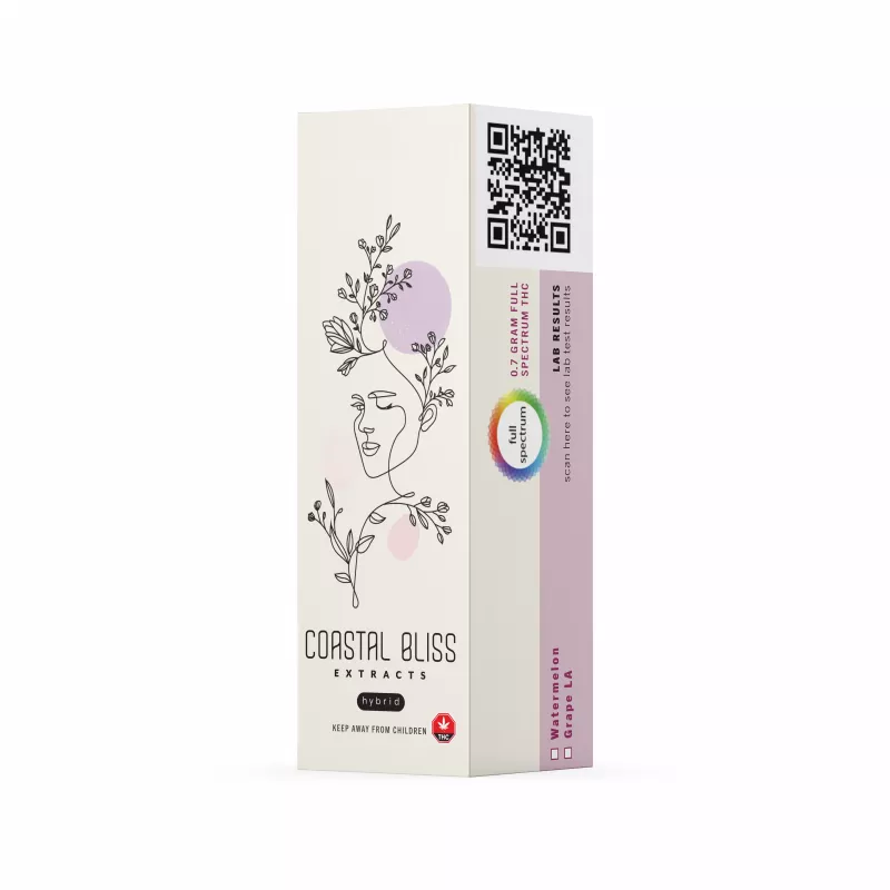 Coastal Bliss Extracts THC cartridge with nature design, flavor options, and child safety warning.