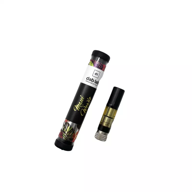 Dab Lab Maui Wowie 1g THC vape cartridge with tropical branding and clear chamber.