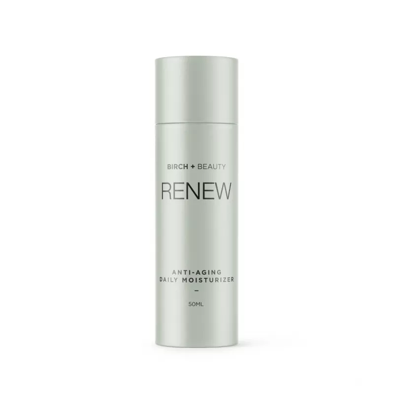 Birch + Beauty Renew 50ml Anti-Aging Daily Moisturizer in Sleek Silver Packaging.