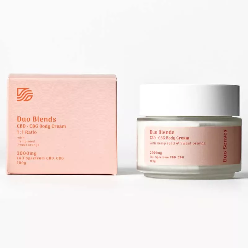 Duo Blends CBD CBG Body Cream packaging with 2000mg full spectrum hemp and sweet orange.