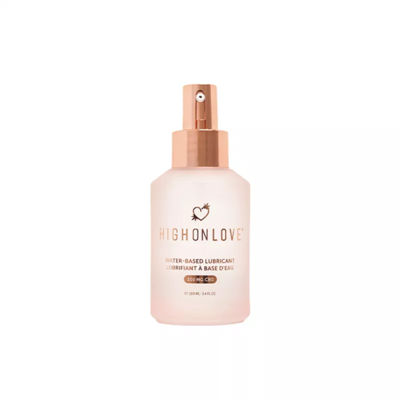 HighOnLove luxurious 100ml pink CBD-infused water-based intimate lubricant with rose gold pump.