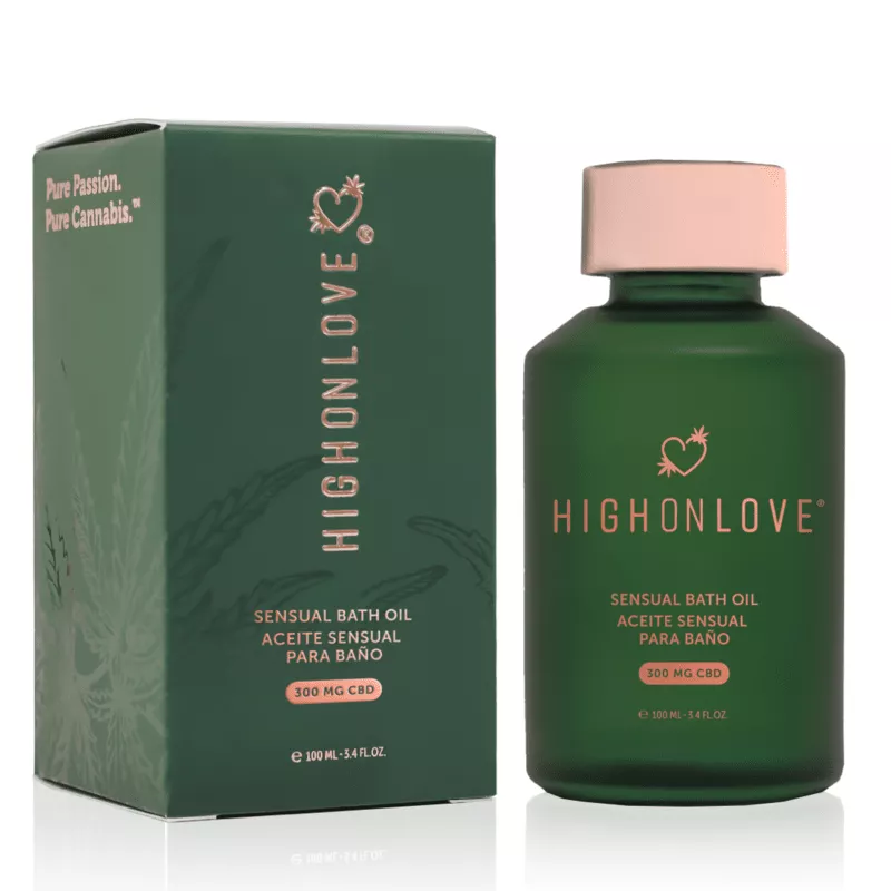 HighOnLove Sensual Bath Oil with CBD, luxurious cannabis-infused relaxation product packaging.