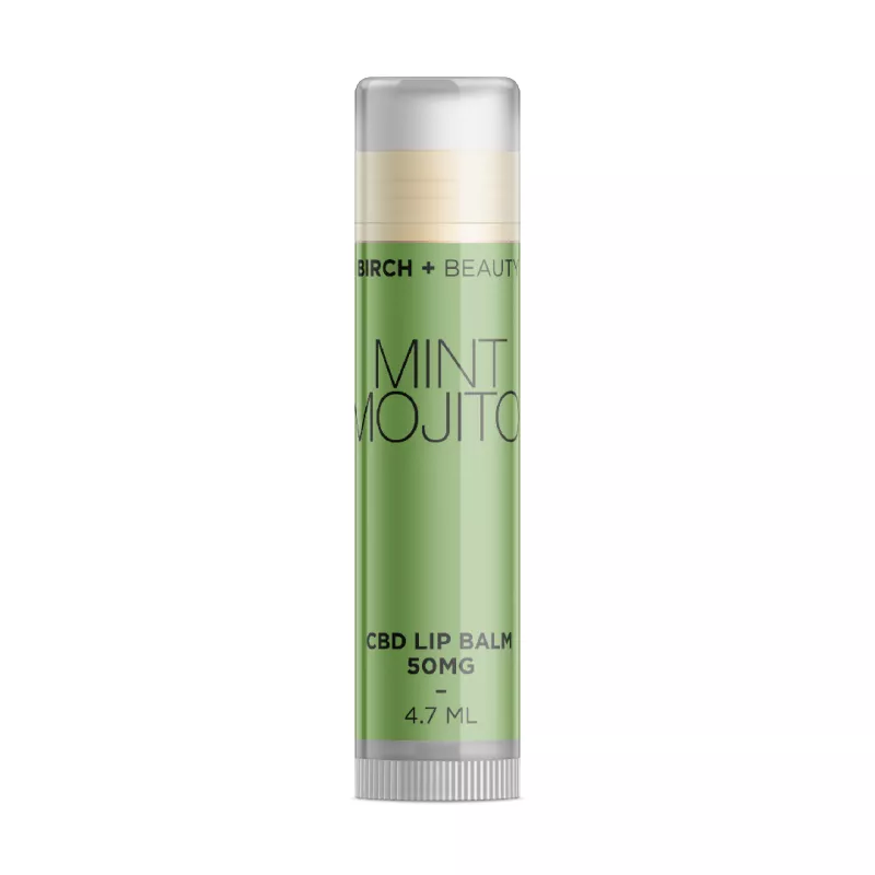 Birch + Beauty Mint Mojito CBD Lip Balm, 50mg, 4.7ml tube with green gradient label.